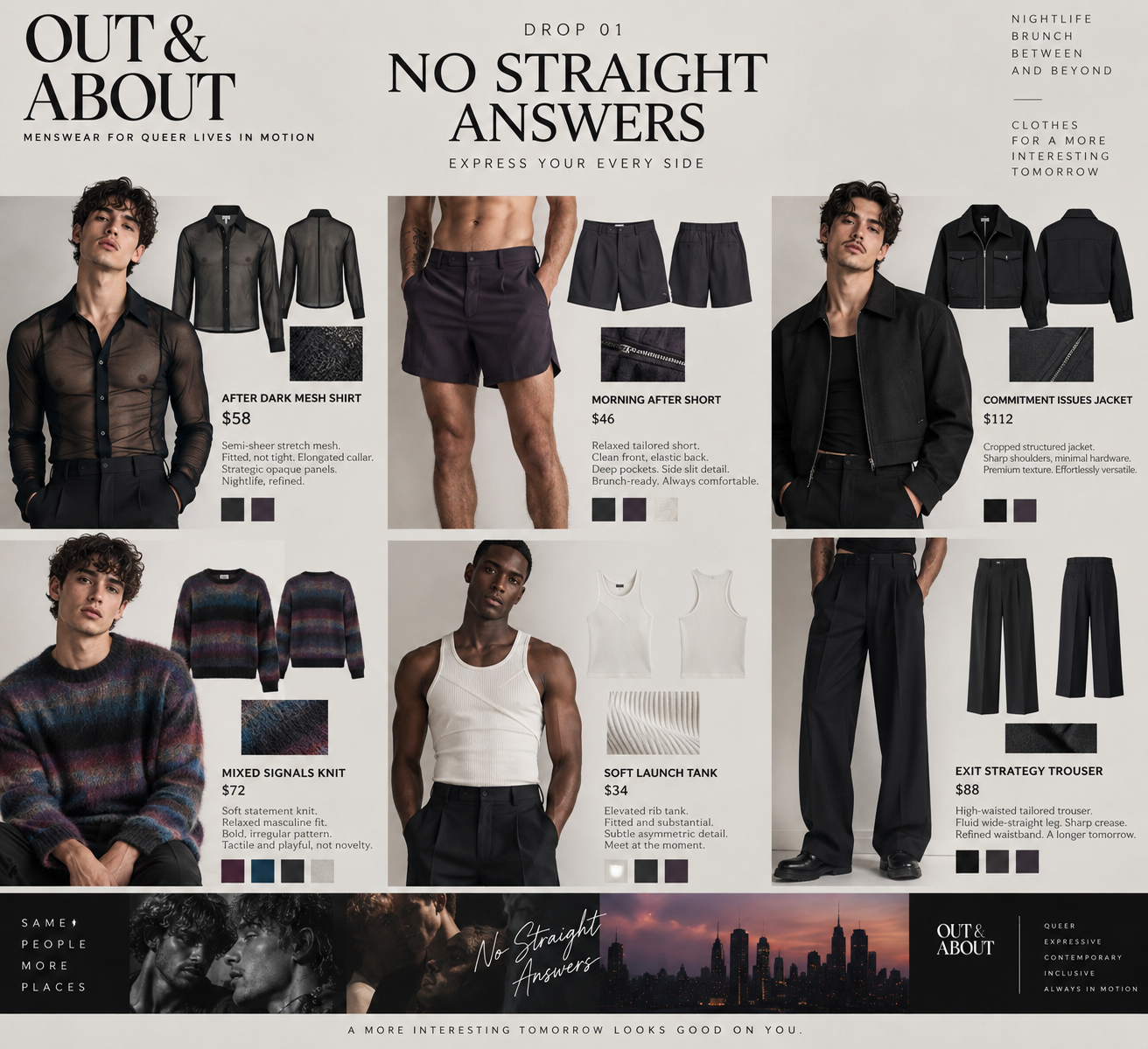 Original No Straight Answers collection mockup with six garment concepts