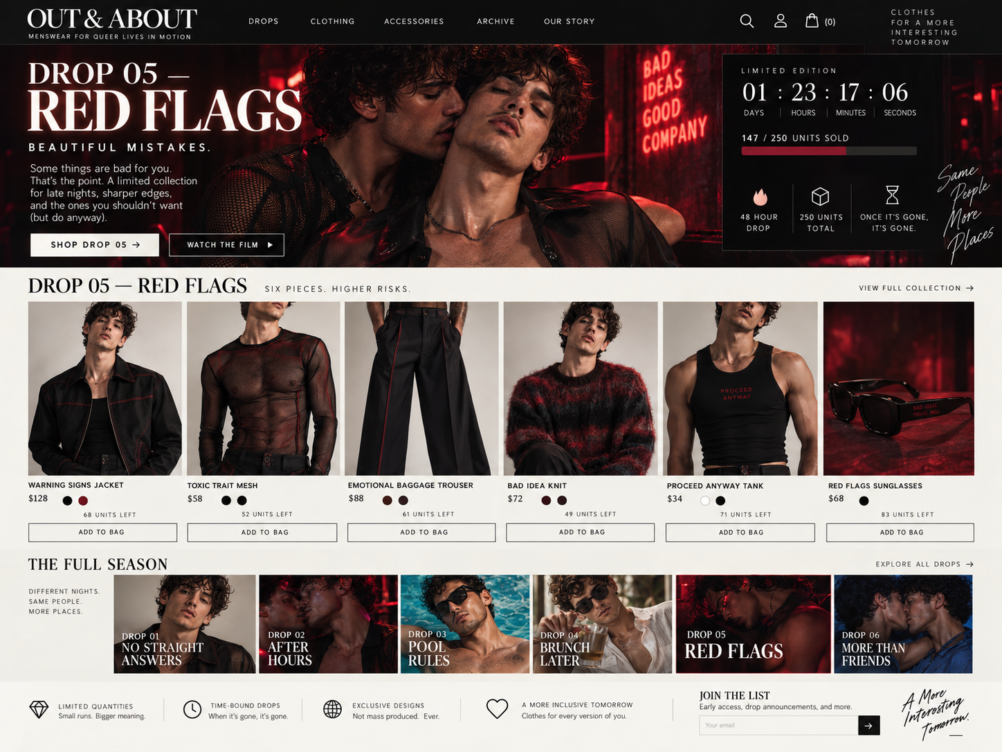 Original Red Flags collection mockup with six garment concepts